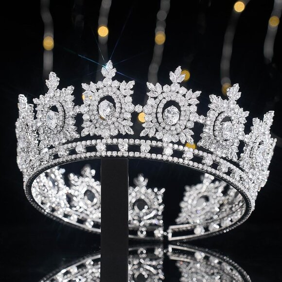 Cubic Zirconia Bridal Tiara Silver Queen Crown for Wedding Prom Queen Gift - Picture 3 of 9